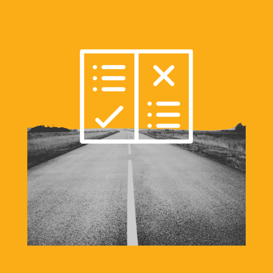 A black and white image of a country highway on an orange background with a white graphic of a compliance checklist on top. 