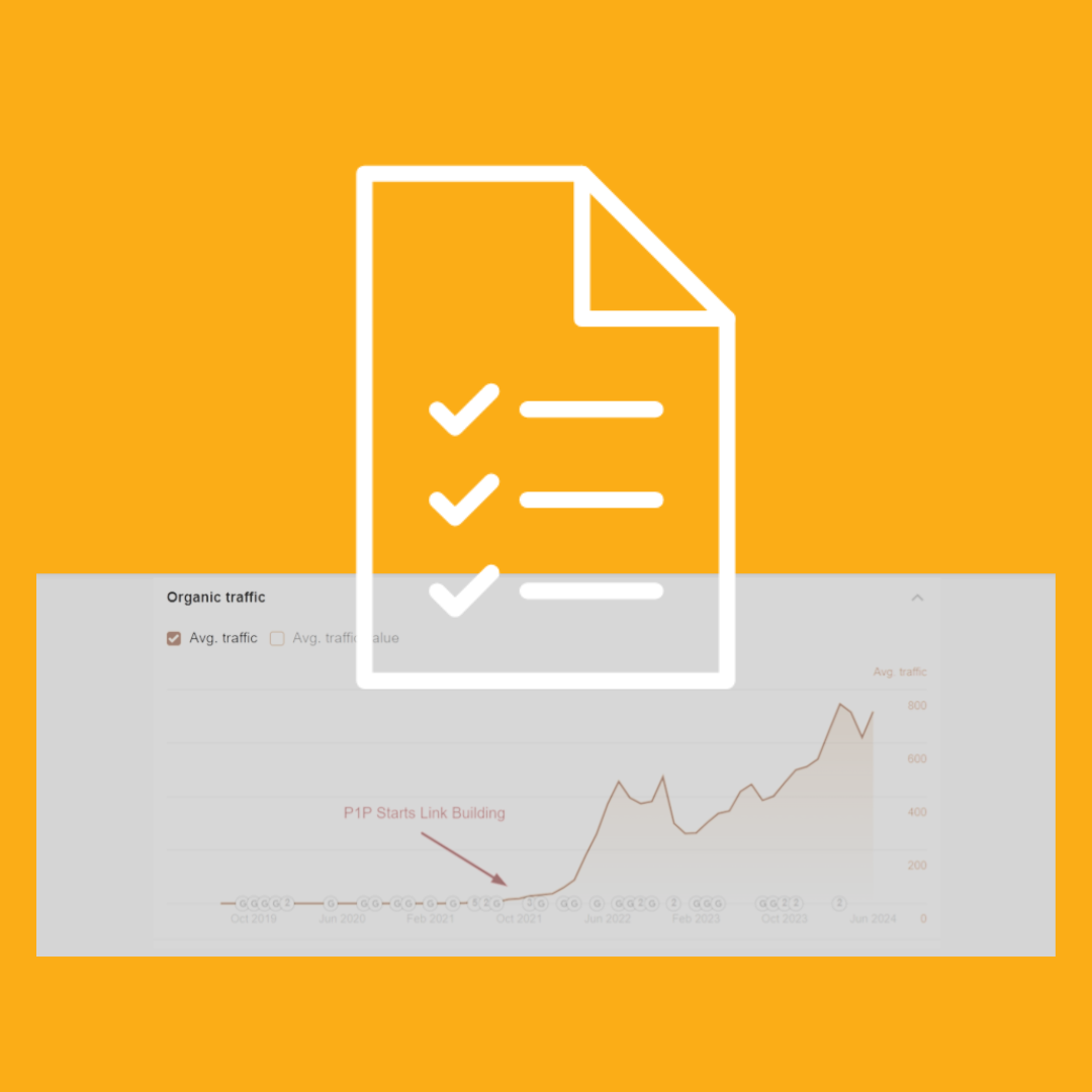 Black and white graph of increased search engine traffic on an orange background with a white graphic of a checklist over top.